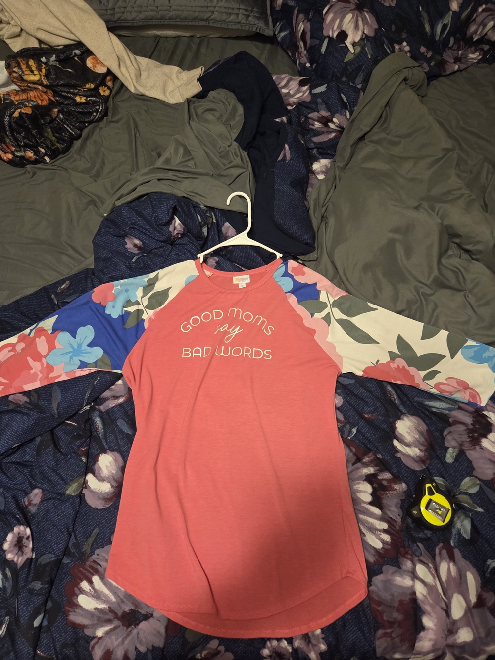 Women's Coral Raglan Top with Floral Sleeves - "Good Moms Say Bad Words"